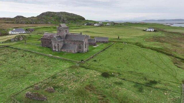 Iona Abbey and Nunnery, Old Landmark Building of Scottish Island, Drone Aerial View 60fps