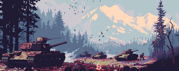 Retro pixel art World War II battle scene with soldiers and tanks