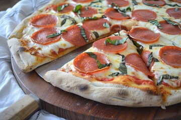 Baked Pepperoni Pizza with Tomato and Basil Topping: Rustic Slicer Cheesy Dinner Experience