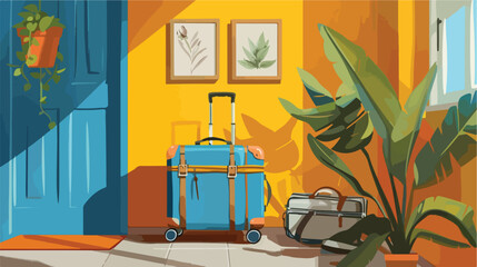 Packed suitcase near color wall Vector illustration.