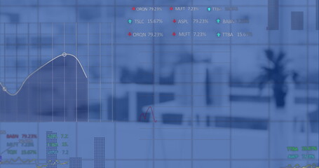 Image of financial data processing over office with desks