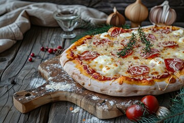 Baked Pepperoni and Cheese Pizza on Rustic Wooden Board for a Delicious Rustic Dinner Setting