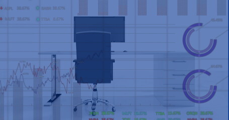 Image of financial data processing over office with computer on desk