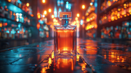 A glass perfume bottle filled with amber liquid is centered on a dimly lit bar, surrounded by softly glowing bottles