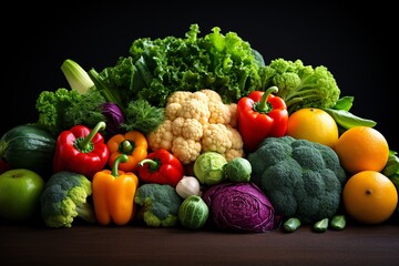 An array of colorful fresh vegetables and fruits on a dark background.
