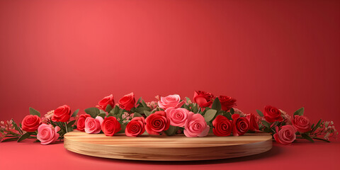 round wood podium with red rose flowers on it isolated red background - obrazy, fototapety, plakaty