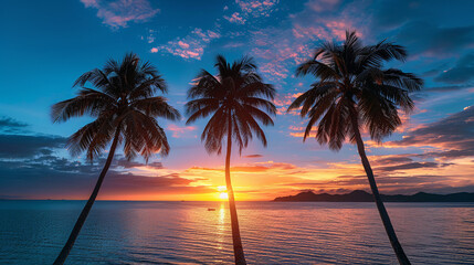 silhouettes of palm trees swaying in the gentle breeze against the backdrop of a breathtaking sunrise over the ocean