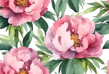 AI generated illustration of White and pink peonies with green leaves - obrazy, fototapety, plakaty