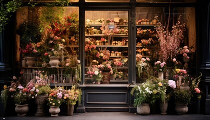 A store front with a variety of flowers displayed in front, showcasing seasonal blooms and colors - obrazy, fototapety, plakaty