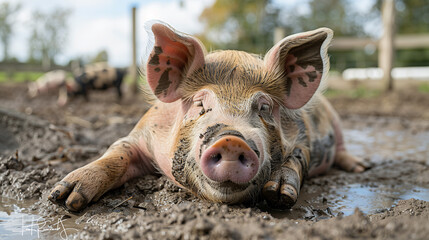 contented pig, with muddy patches in a pen as the background