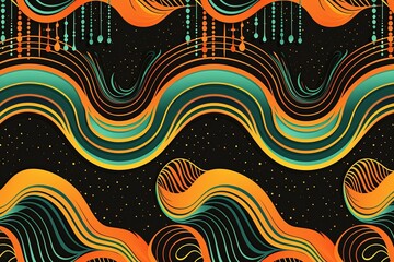Naklejka premium Psychedelic Orange Teal 80s Waves Club Event Design on Black Background