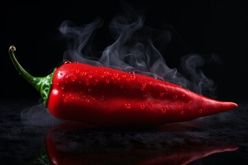A vibrant red chili pepper covered in water droplets, with wisps of smoke curling around it, rests on a reflective dark surface.