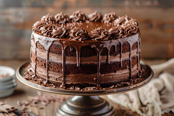 A chocolate cake sits proudly on a cake stand,its rich aroma filling the room - obrazy, fototapety, plakaty