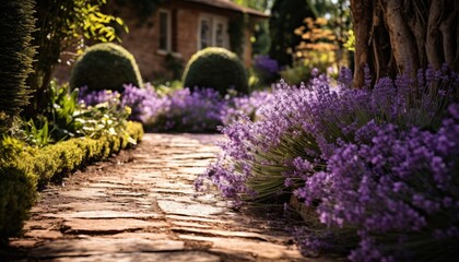 A stone path lined with fragrant lavender flowers leads to a house in a garden setting