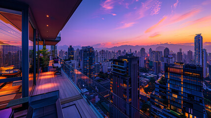 A photo of a luxury penthouse, with panoramic city views as the background