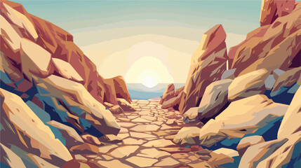 Pathway between rocks on sunny day Vector illustration