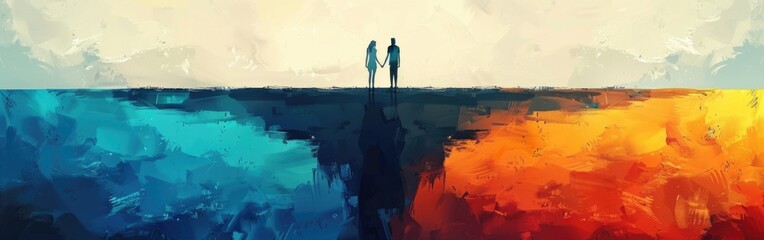 An abstract painting depicting a man and woman standing at the edge of a cliff, contemplating the horizon of life - obrazy, fototapety, plakaty
