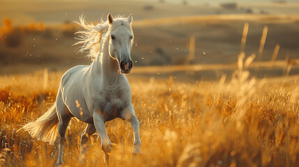 A photo of a majestic horse, with rolling hills behind, during a morning gallop