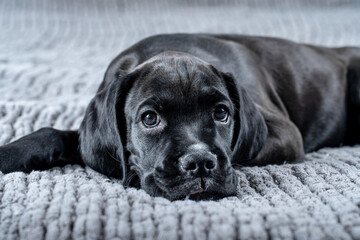 a young beautiful black Labrador puppy with shiny fur lies and rests on a bed on a knitted gray...