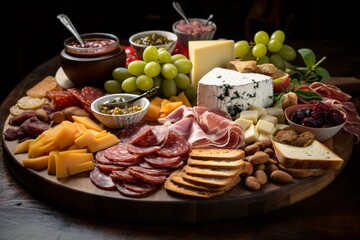 Various cheeses, cured meats, and crackers arranged elegantly on a wooden board, accompanied by fruits and condiments.
