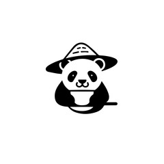 A minimalist logo of a panda in a straw hat with a cup of tea, logo, simple design, black and white 