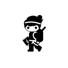A flat design logo of a little ninja boy with a backpack and school books, black and white