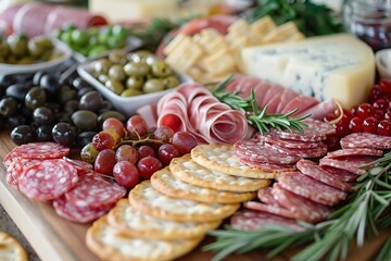 A close-up of a festive charcuterie board filled with assorted cheeses, cured meats, grapes, olives, and crackers, garnished with rosemary.