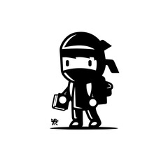 A flat design logo of a little ninja boy with a backpack and school books, black and white