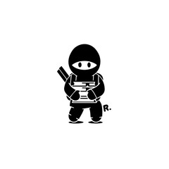 Obraz na płótnie Canvas A flat design logo of a little ninja boy with a backpack and school books, black and white