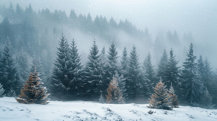  snow-covered alpine forest, with evergreen trees as the background