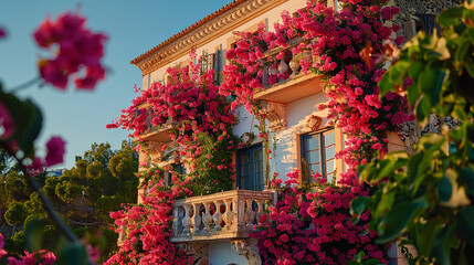 Fototapeta na wymiar traditional Mediterranean villa, with bougainvillea-covered walls as the background