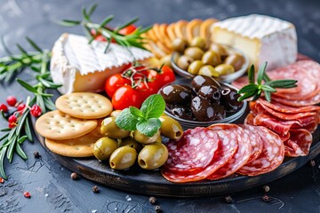A vibrant charcuterie board featuring cheeses, meats, olives, tomatoes, and crackers, garnished with herbs on a dark surface.
