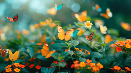 vibrant butterfly garden, with fluttering butterflies as the background
