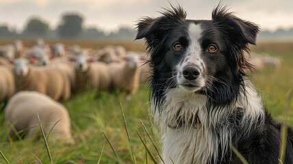 watchful sheepdog, with a flock of sheep grazing in a field as the backdrop
