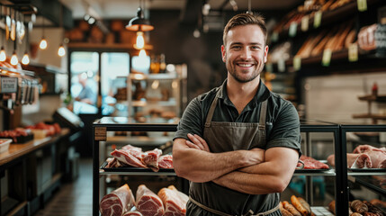 male butcher in a brown apron in a butcher shop - Powered by Adobe