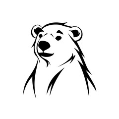 Simplistic abstract logo of a polar bear cub looking forward, black and white line art 