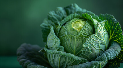 Savoy cabbage on a green background. Cabbage close up. - obrazy, fototapety, plakaty