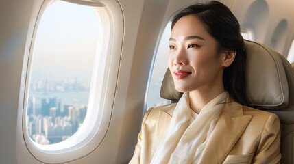 An Asian woman in her thirties sitting in the first class seat of an airplane
