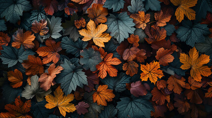 Bird's-eye view of autumn leaves on forest floor, copy space, earthy colors, aesthetic wallpaper