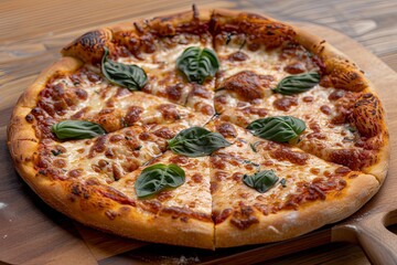 Cheese Stretchy Margarita Composition Pizza - Freshly Baked Italian Traditional Style on Wooden Board with Basil
