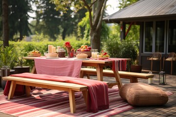 An outdoor dining setup features a rustic wooden table, benches with red tablecloths, and lots of fresh food and drinks.