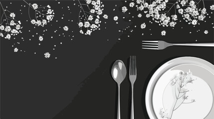 Plate cutlery and gypsophila flowers on black background - obrazy, fototapety, plakaty