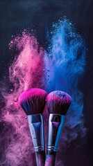 Cosmetic brushes with pink and blue ocean cosmetic powder spreading for makeup artist or graphic design in black background