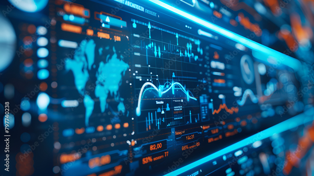 Poster Digital Technology Network Data and Communication Concept Abstract Background,Laptop with digital map and stock chart on office desktop. Global trade and data concept. Double exposure

