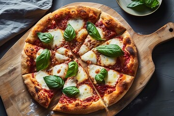 Cheesy Pizza Delight: Rustic Dinner Setting with Freshly Baked Pizza on Wooden Board