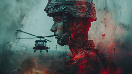 Pride and Service: Double Exposure Portrait of American Soldier with Flag and Military Helicopter
