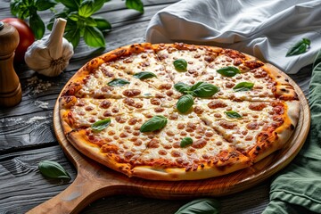 Cheesy Pizza Delight on Rustic Wooden Platter: Italian Traditional Style Presentation