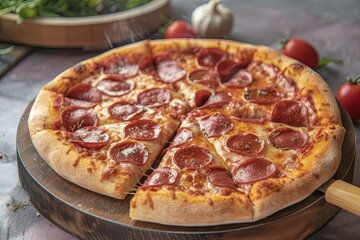 Pepperoni Pizza Perfection: Freshly Baked Slice on Wooden Board