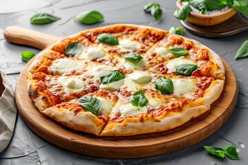 Stretchy Mozzarella and Basil Freshly Baked Pizza on Wooden Dinner Board