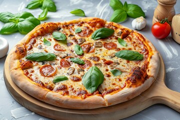 Freshly Baked Cheesy Pizza: A Traditional Italian Meal with Fresh Basil
